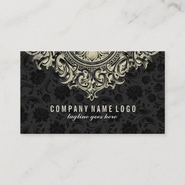 Elegant Beige Floral Ornament Black Background Business Card (Front)