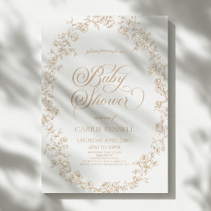 Elegant Beige Floral Roses Line Art Baby Shower Invitation