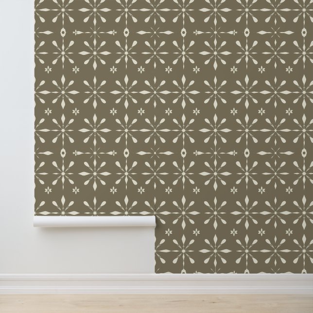 Elegant Beige Geometric Floral Pattern Wallpaper (Application)