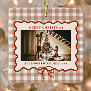 Elegant Beige Gingham Family Photo Christmas Ceramic Ornament