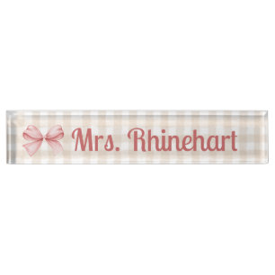 Elegant Beige Gingham with Bow Accent Custom Nameplate