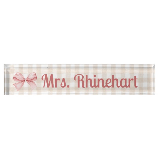 Elegant Beige Gingham with Bow Accent Custom Nameplate (Front)