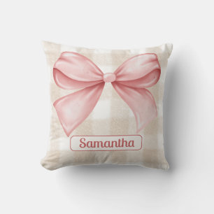 Elegant Beige Gingham with Pink Bow Accent Custom Cushion
