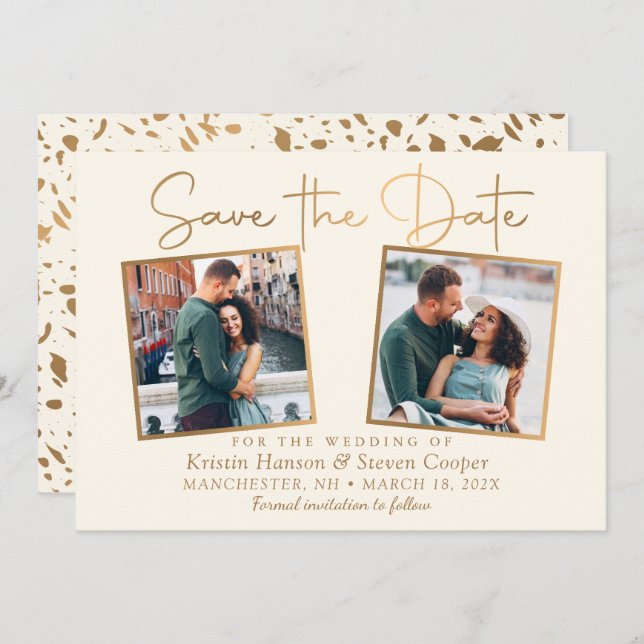 Elegant Beige Gold 2 Photo Save The Date Card (Front/Back)