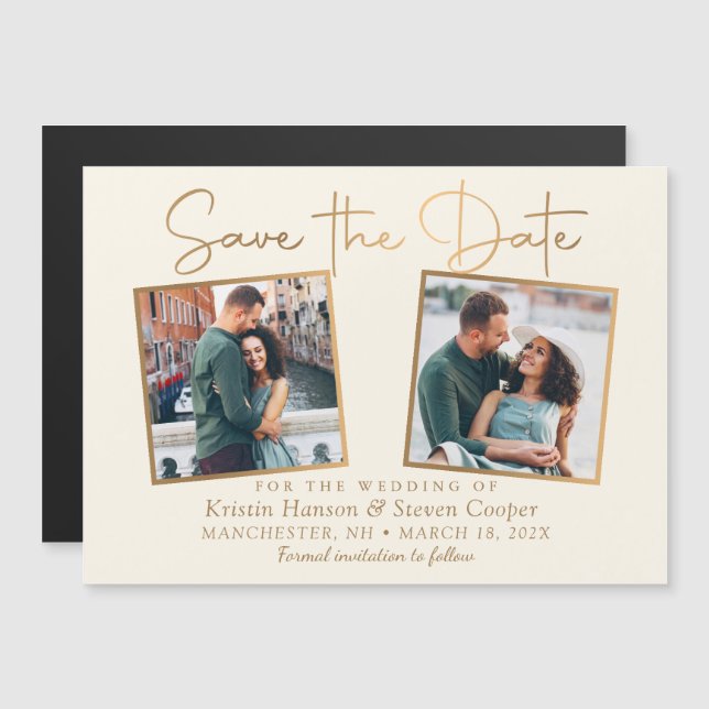 Elegant Beige Gold 2 Photo Save the Date Magnet (Front/Back)
