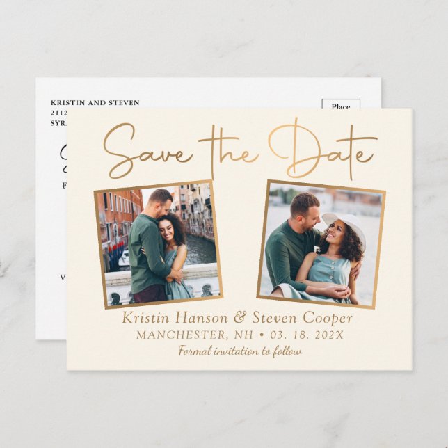 Elegant Beige Gold 2 Photo Save The Date Postcard (Front/Back)