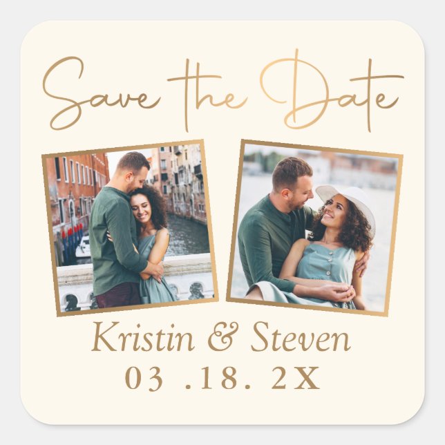 Elegant Beige Gold 2 Photo Save The Date Square Sticker (Front)