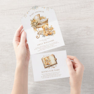 Elegant Beige & Gold Baby Shower Books for Baby All In One Invitation