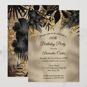 Elegant Beige Gold Black Floral Birthday Party Invitation