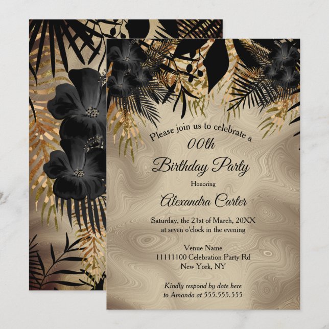 Elegant Beige Gold Black Floral Birthday Party Invitation (Front/Back)