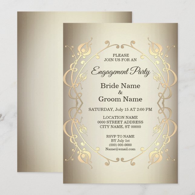 Elegant Beige Gold Floral Engagement Invitation (Front/Back)