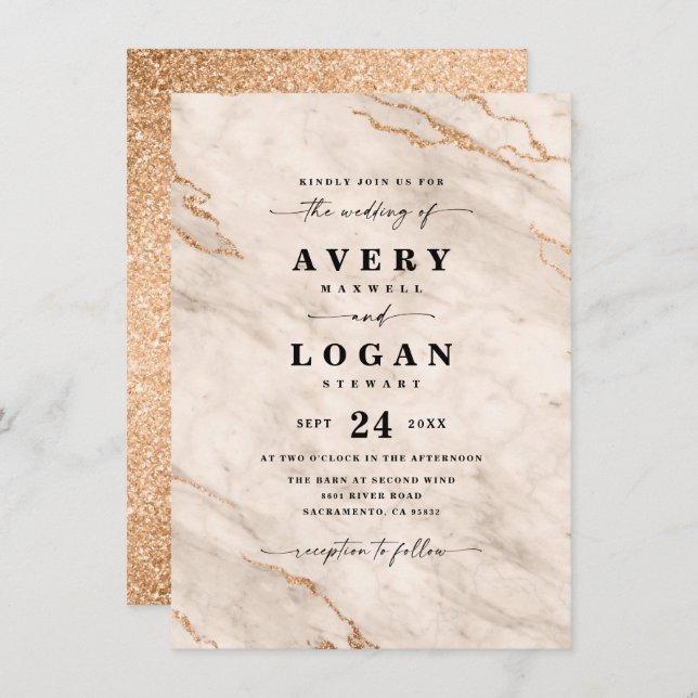 Elegant Beige & Gold Marble & Glitter Wedding Invitation (Front/Back)