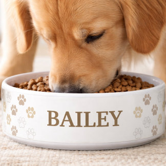 Elegant Beige Gold Paw Print Pet Name Bowl