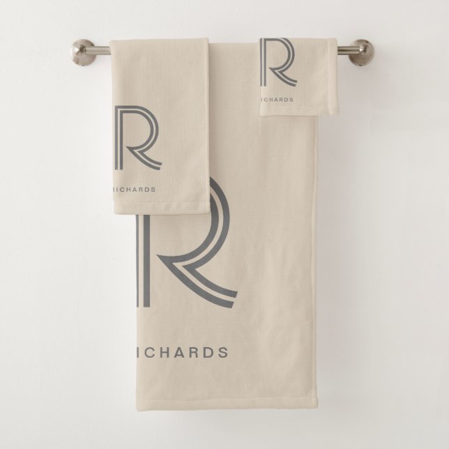 Elegant beige grey monogram name bath towel set (Insitu)