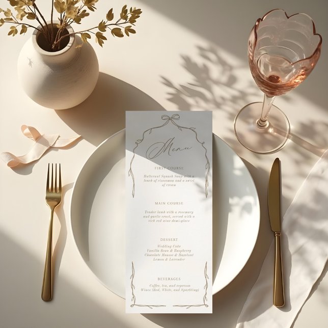 Elegant Beige Hand Drawn Bow & Ribbon Wedding Menu (Elegant Beige Hand Drawn Bow & Ribbon Wedding Menu)