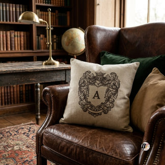 Elegant Beige Heraldic Monogram Crest Cushion