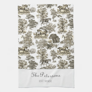 Elegant Beige Horses Toile Rustic Farmhouse Tea Towel