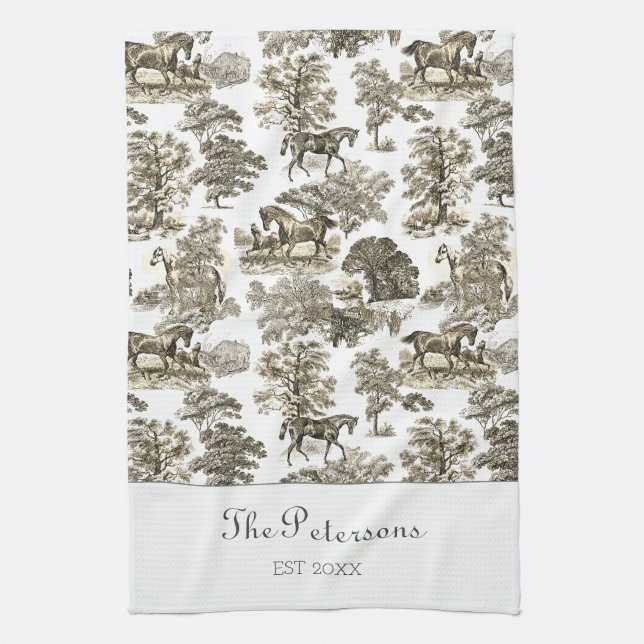 Elegant Beige Horses Toile Rustic Farmhouse Tea Towel (Vertical)