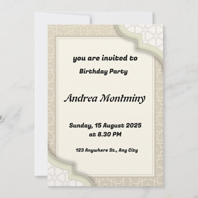 Elegant Beige Islamic Geometric Pattern Birthday  Invitation (Front)