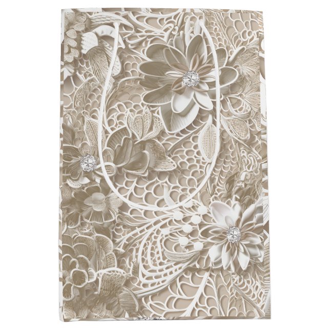 Elegant beige lace with diamond medium gift bag (Front)