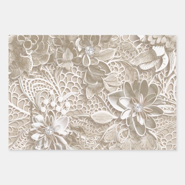 Elegant beige lace with diamond wrapping paper sheet (Front)