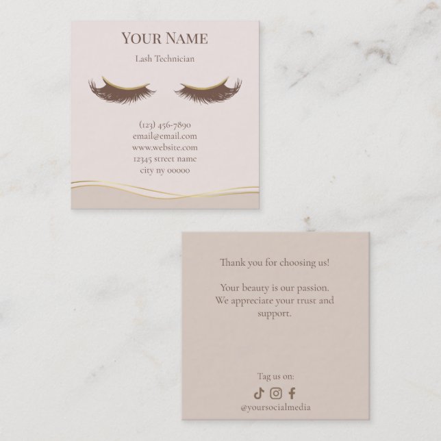 Elegant beige Lash Technician Thank you Card (Front/Back)