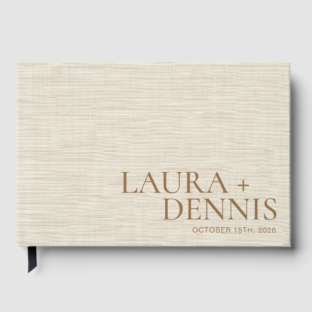 Elegant Beige Linen Script Couple Name Wedding Guest Book (Front)