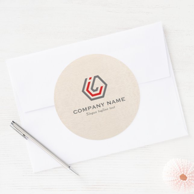Elegant Beige Linen & stand in logo Classic Round Sticker (Envelope)