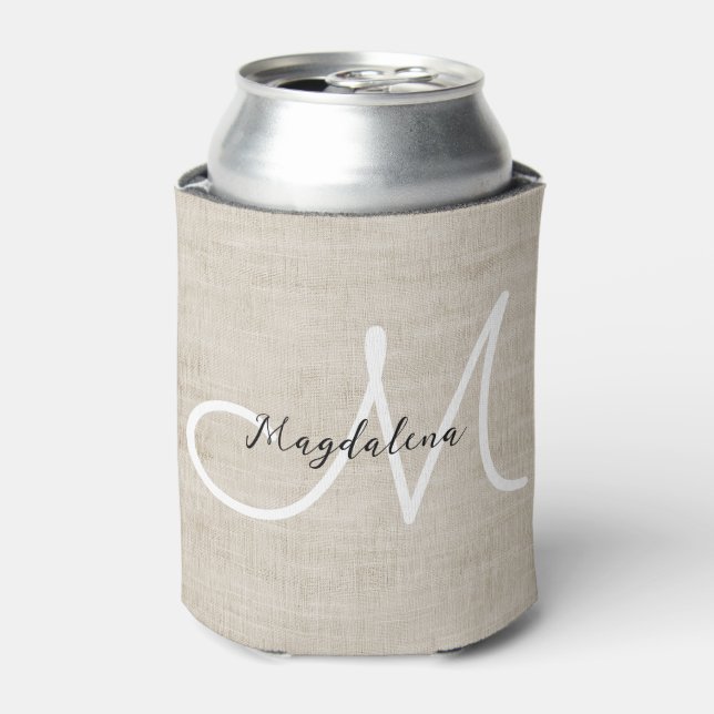 Elegant beige linen texture  can cooler (Can Front)