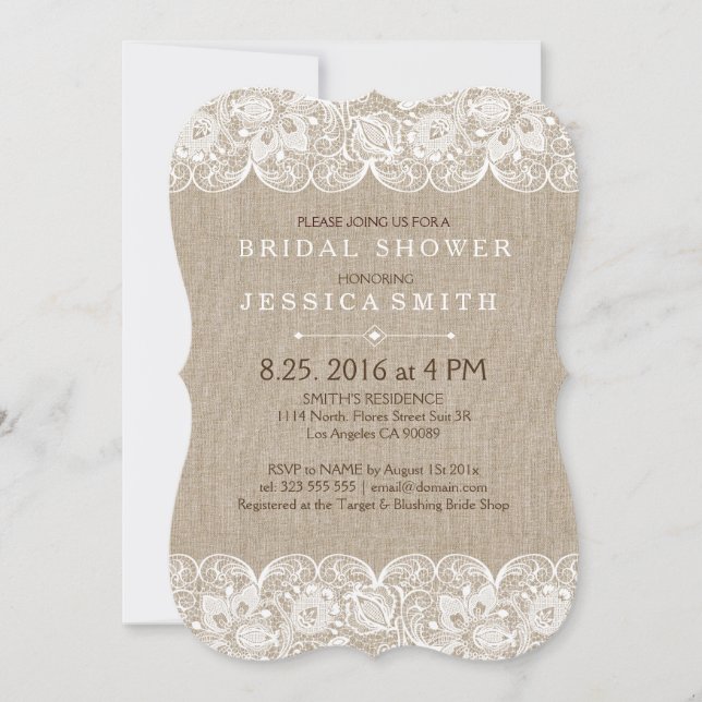 Elegant Beige Linen White Vintage Girly Lace Invitation (Front)