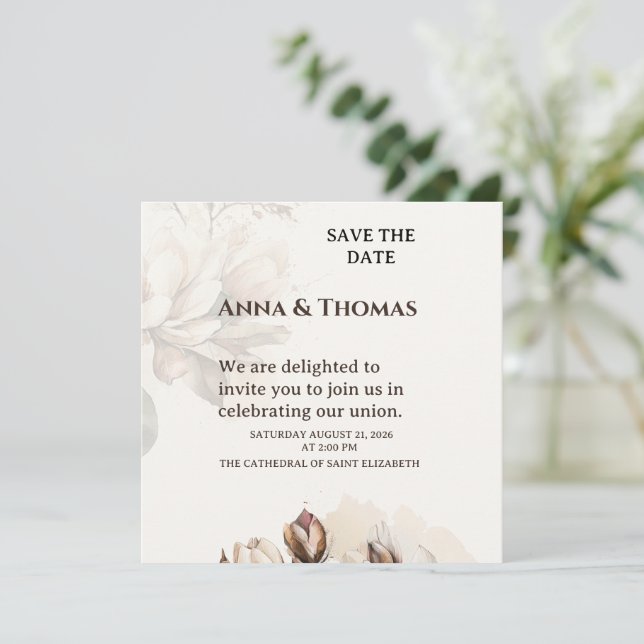 Elegant Beige Magnolia Save The Date Card (Standing Front)