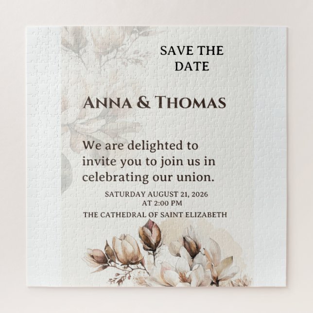 Elegant Beige Magnolia Save The Date Card Jigsaw Puzzle (Vertical)