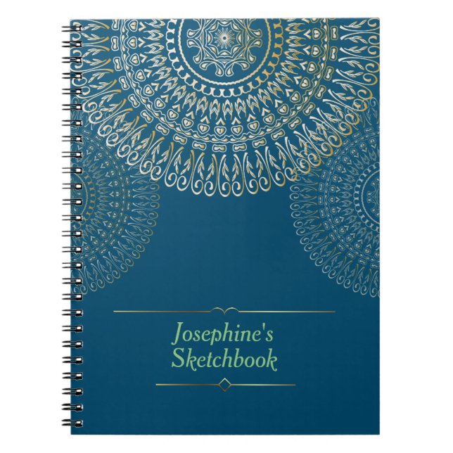 Elegant Beige Mandala Personalised Name dark blue Notebook (Front)