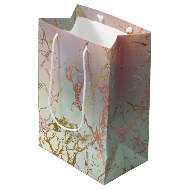 Elegant Beige Marble | Mint Sage Green Rose Gold Medium Gift Bag (Front Angled)