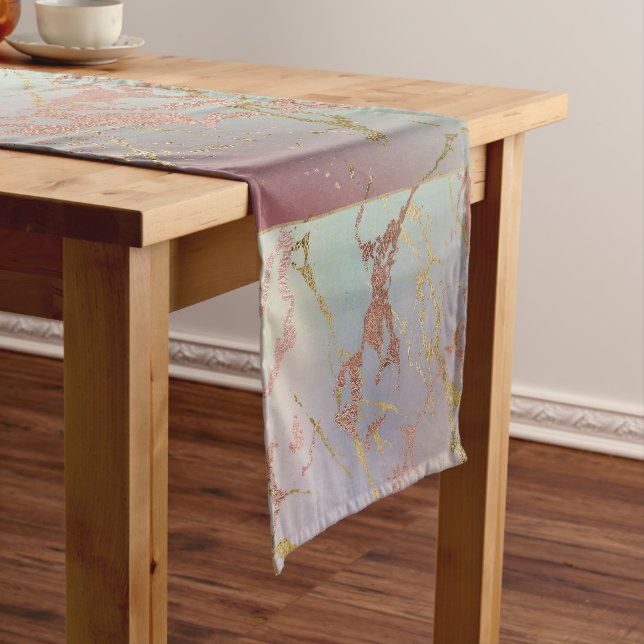 Elegant Beige Marble | Mint Sage Green Rose Gold Short Table Runner (In Situ)
