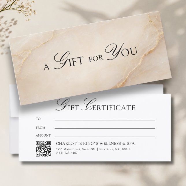 Elegant Beige Marble QR Code Gift Certificate (A Gift for You! Custom Beige Gold Marble QR Code)