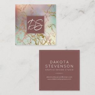 Elegant Beige Marble Sage and Rose Gold Monogram Square Business Card