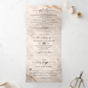 Elegant Beige Marble with Gold Foil Wedding Tri-Fold Invitation