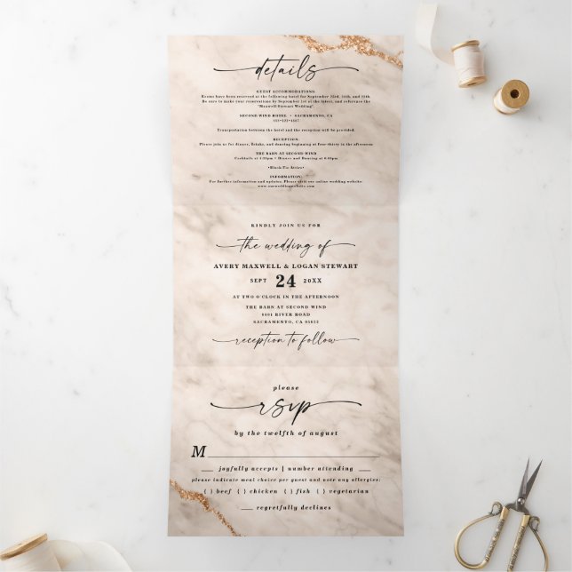 Elegant Beige Marble with Gold Foil Wedding Tri-Fold Invitation (Inside)