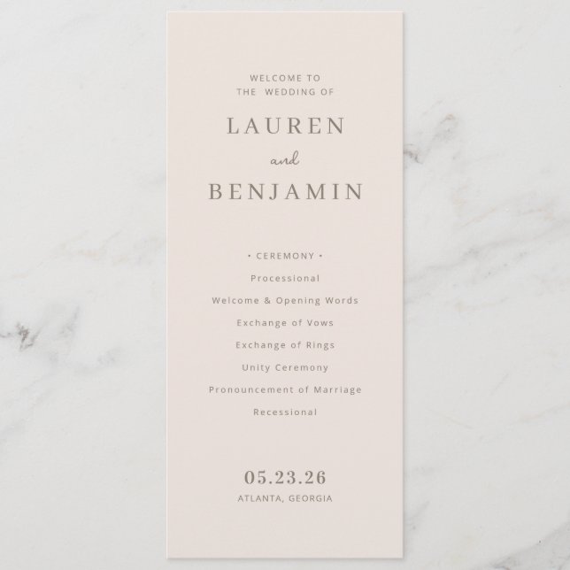 Elegant Beige Minimalist Wedding Ceremony Programme (Front)