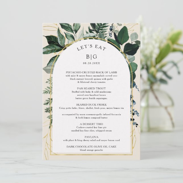 Elegant Beige Modern Botanical Rehearsal Dinner Menu (Standing Front)