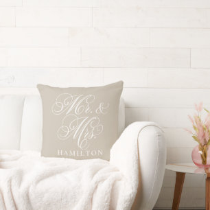 Elegant Beige Mr and Mrs Script Wedding Cushion