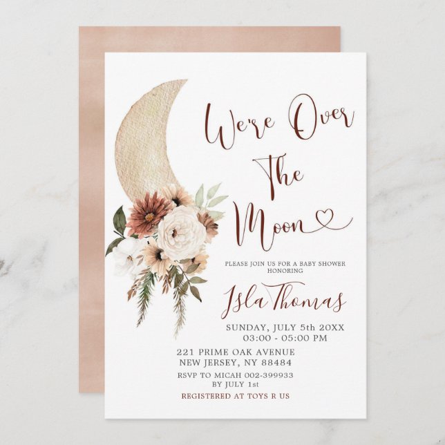 Elegant Beige Over the Moon Baby Shower Invitation (Front/Back)