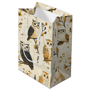 Elegant Beige Owl Wildlife Botanical Pattern Medium Gift Bag
