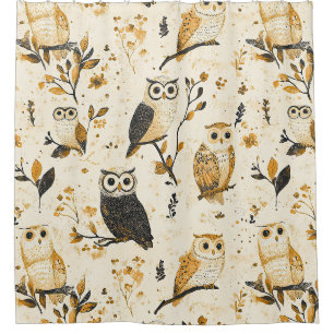 Elegant Beige Owl Wildlife Botanical Pattern Shower Curtain