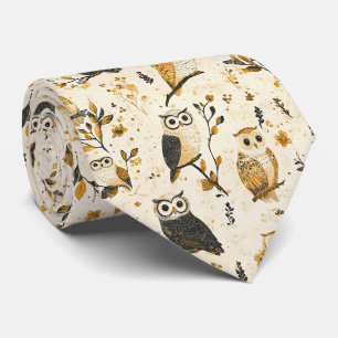 Elegant Beige Owl Wildlife Botanical Pattern Tie