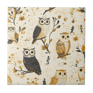 Elegant Beige Owl Wildlife Botanical Pattern Tile