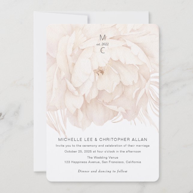 Elegant beige peony, modern floral garden wedding  invitation (Front)
