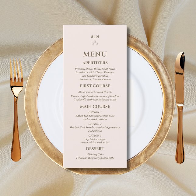 Elegant Beige Pink Monogram Pearl Wedding Menu (Creator Uploaded)