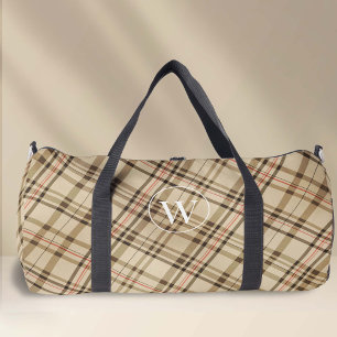 Elegant beige plaid pattern monogram duffle bag